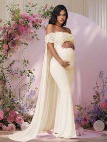 JustVH 孕妇花卉露肩连衣裙，适合迎婴派对，网眼斗篷长款女装拍摄道具