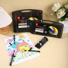 Caja de regalo negra con 12/24/36/48/60/80 colores de rotuladores de punta blanda de acrílico para arte y colorear de niños, con colores superpuestos que no se filtran a través del papel y son lavables, también adecuados para pintura cerámica.