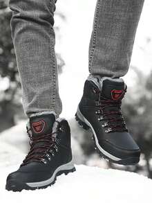 秋冬抓绒雪地靴军靴青少年校园学生抓绒短靴户外雪地靴登山靴徒步靴防寒保暖耐穿 - 黑色 - 查看 5