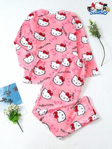 SANRIO 女士加绒睡衣套装，加厚长袖圆领上衣和长裤，柔软舒适休闲家居服套装，秋冬款 - 粉色 - 查看 2
