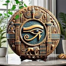 Eye Of Horus Round Metal Decor - Vintage Rustic Egyptian - Hieroglyphics Carved Home Wall Sign - Multicolor - View 2