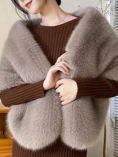 1 件女士纯色仿皮草披肩，柔软舒适保暖披肩，优雅巴洛克风格领口披肩，适合秋冬婚纱或新娘礼服