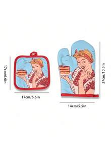 1 套防热手套和垫子，涤棉卡通人物系列，家用厨房烤箱手套，烘焙手套，耐热垫，桌面保护垫，感恩节，万圣节 - 淺藍色 - 查看 7