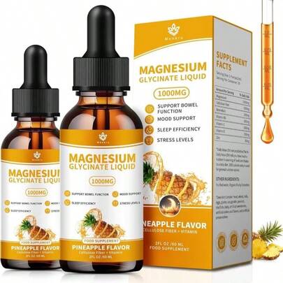 (Paquete de 2) Gotas líquidas de Glicina de Magnesio con Fibra de Celulosa, Vitamina B6, C, D, Zinc, Magnesio, para el sueño, los nervios, la energía, los músculos, los huesos, la calma y la digestión, alta absorción, 4 onzas fluidas