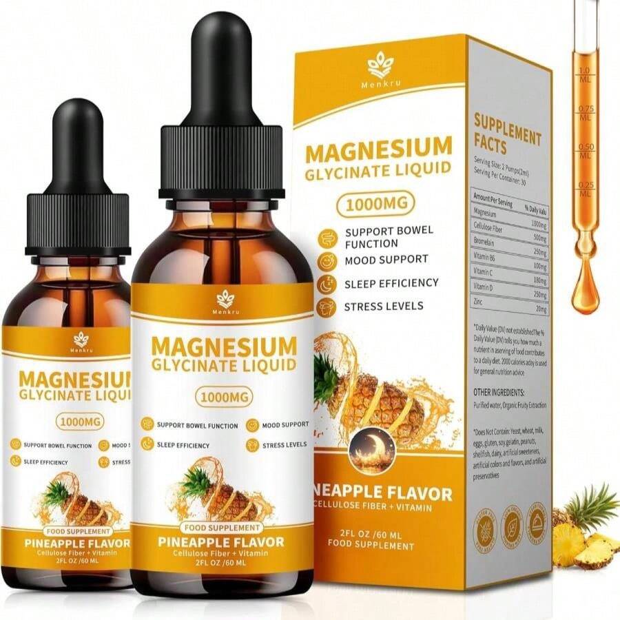 (2 Pack) Magnesium Glycinate Liquid Drops With Cellulose Fiber, Vitamin B6, C, D, Zinc, Magnesium,For Sleep, Nerve, Energy, Muscle, Bone, Calm &Amp; Digestion, High Absorption, 4 Fl Oz - Flavor Name B - View 1