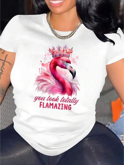 Women's Fashionable Pink Flamingo Graphic T-Shirt - Casual Round Neck Short Sleeve, Comfortable Summer Top With "You Look Totally Flamazing" Print, Comfortable Clothing|Fun Summer Vibe|Glossy Finish, Flamingo Clothing