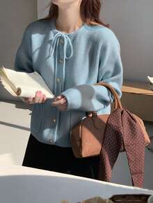 Alicedudu 女士秋冬柔软韩版系带蝴蝶结厚款宽松开衫毛衣 - 淺藍色 - 查看 3