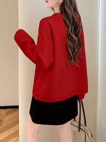 女士秋冬柔软韩版系带蝴蝶结厚款宽松开衫毛衣 - 紅色 - 查看 2