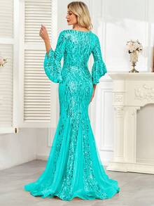 hezixi Elegant Shiny Sequin Splice Zipper Dress, Suitable For Party, Date Night, Birthday, Anniversary, Music Festival, Cocktail, Formal Dinner, Wedding Guest, Singles Party, Stage Performance, Everyday Wear, All Season - Mint Green - View 3