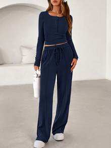 PRETTYGARDEN Women's Spring Fall 2 Piece Outfits Lounge Sets Long Sleeve Top Henley Shirts Wide Leg Pants Travel  Sweatsuit Set Women Clothes Home Clothes Going Out Outfits Sports Valentine Vacation Outfit For Women - 藏蓝色 - 查看 6
