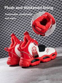 1 Pair Kids High-Top Basketball Shoes, Warm Plush Lining, PU Leather, Indoor/Outdoor Casual Running Shoes, Easy Slip-On, Anti-Slip, Comfortable, Fashion Sneakers For Boys & Girls, Suitable For Winter - Red - View 4