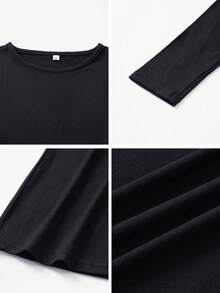 Abito midi a-line elegante da pendolare con collo rotondo e colore unito, autunnale - nero - Visualizzare 9