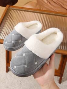 New Plush Slippers With Thick Sole, Warm & Anti-Slip, Autumn/Winter Fluffy Slippers For Women & Men - Grey - View 4