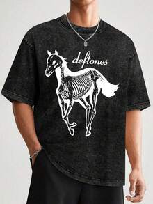 Vintage Men's Washed And Worn Short Sleeved T-Shirt, American Rock Deftone Skull Horse Print, Street Style Loose Top004 - 黑色 - 查看 2