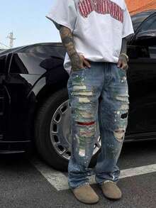 American High Street Mud Dyed Distressed Jeans For Men And Women, Splashed Ink, Lazy And Dragging, Loose Wide Leg Pants - 藍色 - 查看 2