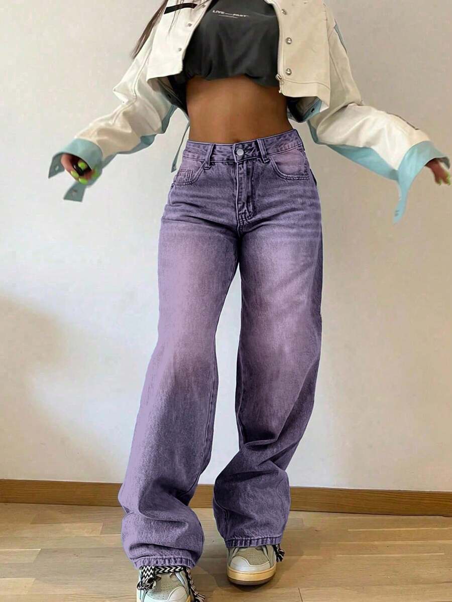 Celana Jeans Wanita Model Vintage Longgar dengan Potongan Lurus, Kasual untuk Musim Semi - Purple - View 1