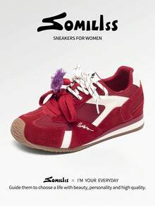 somiliss 女士休闲运动鞋，隐形坡跟，时尚系带双色软底运动鞋，适合通勤和日常穿着，红色 - 紅色 - 查看 3