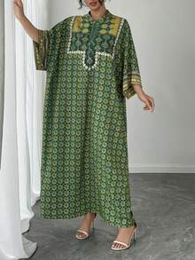 1 件女士宽松阿拉伯长袍连衣裙，绿色定位印花，立领，单排扣，插肩袖，休闲长裙，优雅阿拉伯长袍，奢华节日晚礼服 - 綠色 - 查看 4