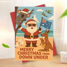 1pc Australian Christmas Card - Holiday Beach Scene With Santa, And Australian Animals - Envelope Style Holiday Greeting For Family, Friends And Colleagues - Perfect For Travel Enthusiasts And Summer Celebrations, Christmas Card | Cartoon Illustration | Paper Card, Christmas Card