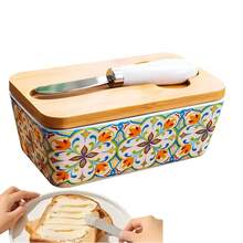 1 Set Ceramic Butter Dish With Bamboo Lid & Knife, Large European Style Butter Plate, Cheese Storage Box, Food Storage Container, Kitchen Butter Dish, Countertop Food Storage Box, High Sealing Butter Box, Suitable For Kitchen Accessories, Refrigerator Storage, Home Kitchen Storage, Great For Gifts And Holiday Decor - Multicolor - View 2