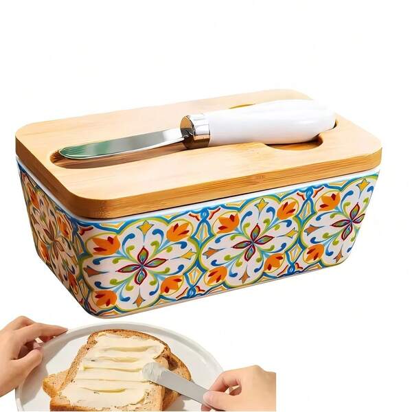 1 Juego de cajas de cerámica con estampado para mantequilla con tapas y cuchillos de bambú, grandes cajas de almacenamiento de queso estilo europeo, recipientes de almacenamiento de alimentos, cajas para mantequilla de cocina, cajas de almacenamiento de alimentos para encimera, recipientes herméticos para mantequilla, adecuados como accesorios de cocina, cajas de almacenamiento para refrigerador, cajas de almacenamiento de cocina para el hogar, muy adecuados como regalos de Halloween/Navidad y decoraciones navideñas.