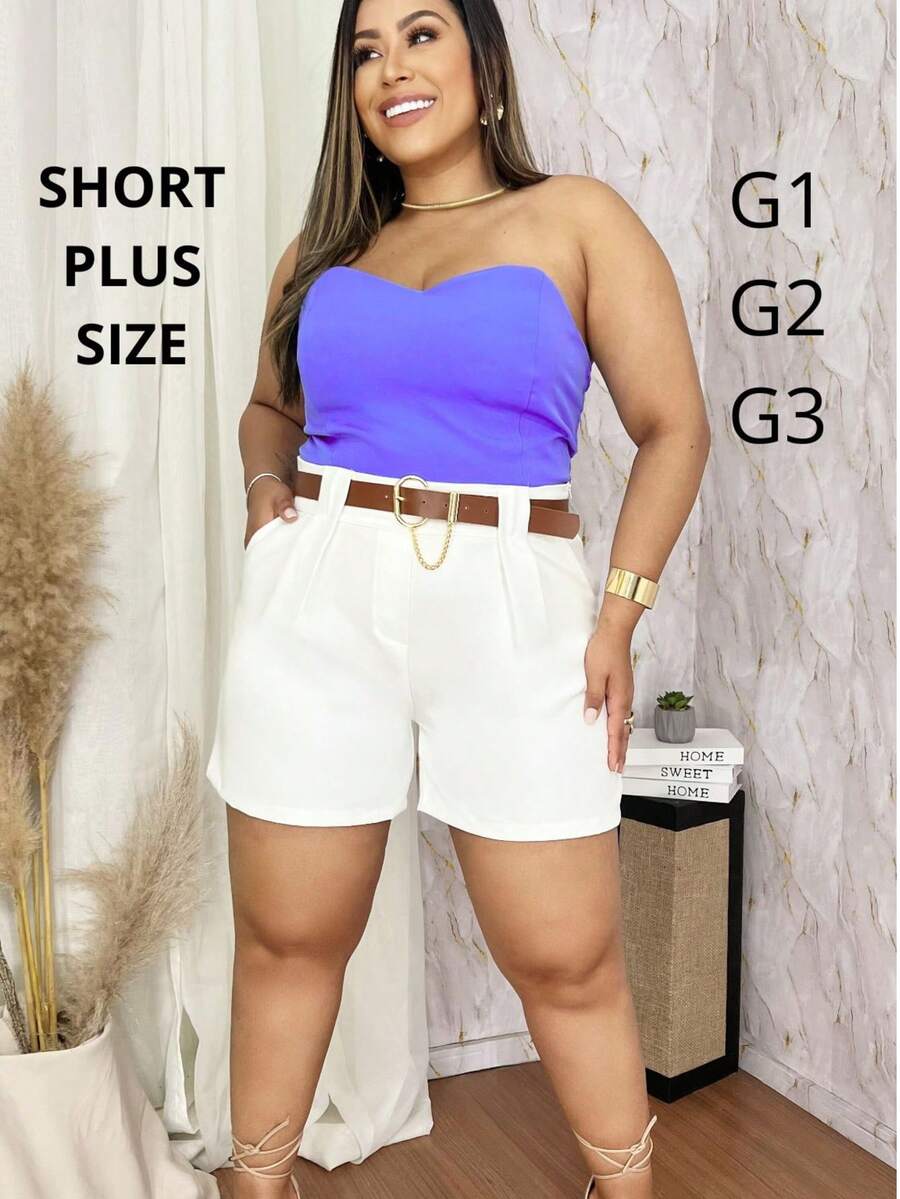 Plus Size Shorts, Formal Tailoring With Elegant Belt, High Waist - Blanco - Ver 1