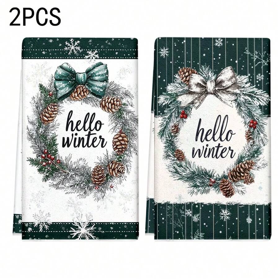 1 set/2 piezas/100 piezas Paños de cocina y paños de platos con diseño de piña y lazo de invierno, adecuados para decoración de interiores en restaurantes, cocinas y baños, decoración de fiestas, regalos festivos, como regalo