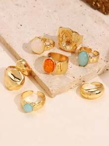 7 件套复古奢华百搭优雅个性化独特几何玉石镶嵌戒指套装，女士厚金金属时尚戒指适合日常和派对装饰，礼品首饰套装 - 彩色 - 查看 9