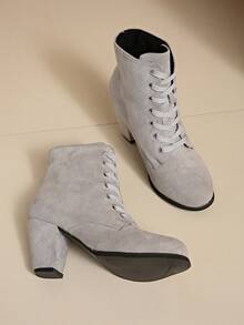 2025秋冬新款欧美时尚系带罗马角斗士靴，黑色高筒圆头粗跟靴 - 灰色 - 查看 3