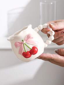 1pc Cute 3D Bowknot & Cherry Ceramic Coffee Mug, Romantic Dotted Yogurt Cup, Water Cup, Unique Creative Milk Cup, Suitable For Afternoon Tea, Daily Afternoon Tea / Best Choice For Girlfriend Gathering