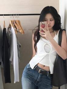 女士二合一吊带无袖扭结镂空开衩设计背心休闲白色夏季 - 白色 - 查看 4