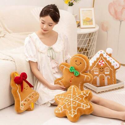 1pc Christmas Family Christmas Tree Decor, Gingerbread Man & House Home Decorative Throw Pillow