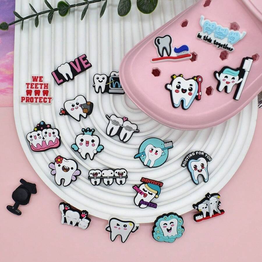 6/10/15pcs Cartoon Dentist Pattern Shoe Charms, PVC Material, Suitable For Sandals, Birthday, Christmas, Halloween Parties, Creative - Multicolor - View 1