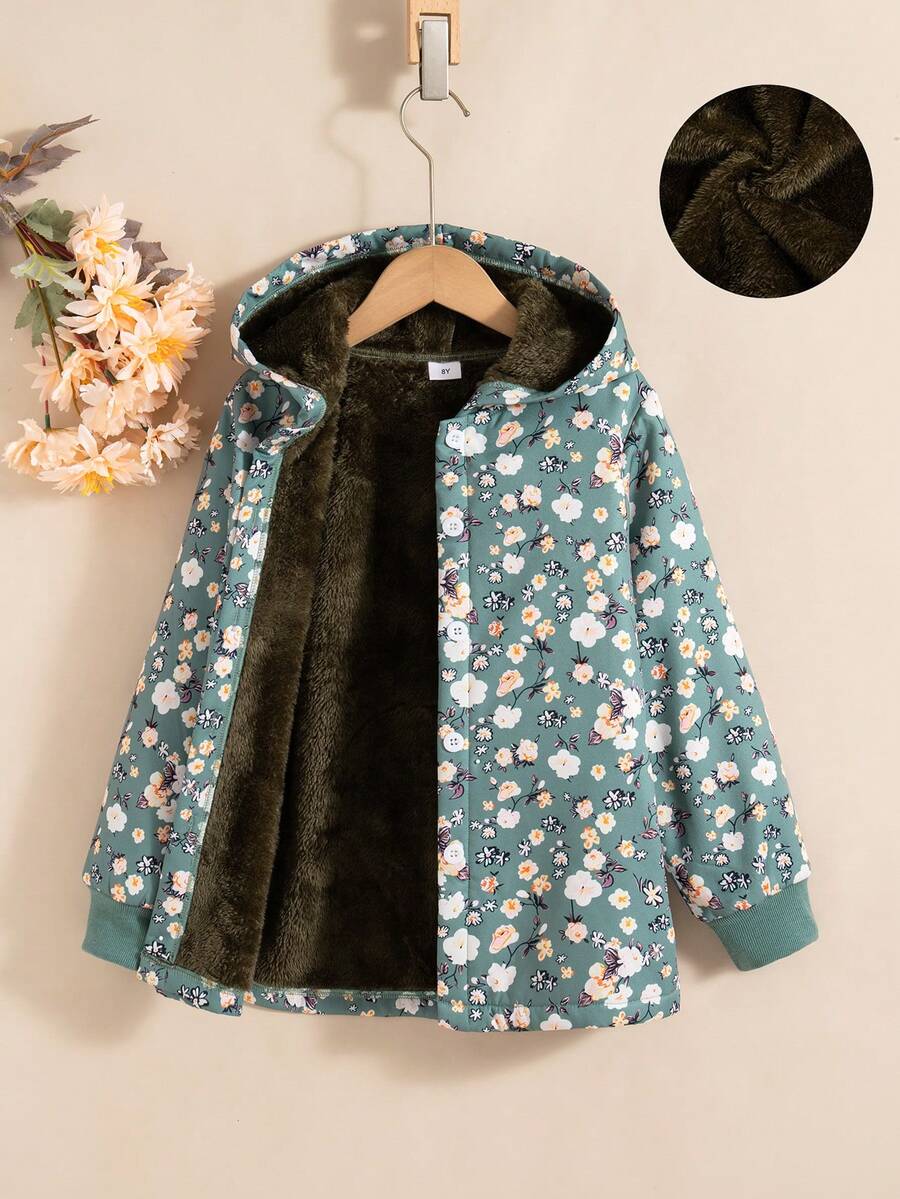 女童休闲碎花纽扣前长袖连帽棉服外套,秋冬 - 軍綠色 - 查看 1