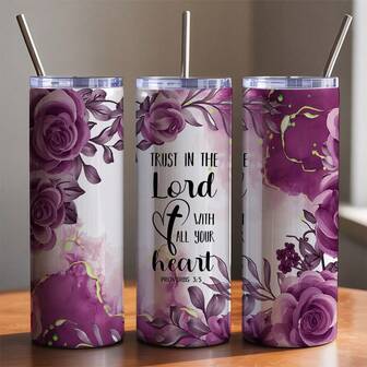 1 Pc 20oz Insulated Tumbler, Trust In The Lord With All Your Heart Bible Verse & Floral Design, With Straw & Brush, Double-Walled Steel Cup For Hot/Cold Drinks, Perfect Gift For Christians, Faith-Filled Friends & Anyone Who Loves A Spiritual & Beautiful Floral Design.