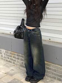 2025 Spring/Autumn Classic Button & Zipper Distressed Long Denim Jeans, Versatile - Blue - View 2