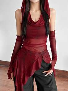 Top Dazzle Cor Sólida Ajustado Streetwear Capuz Regata Malha - Vermelho - Visão 2