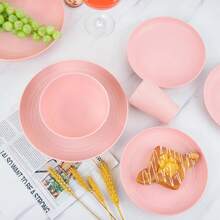 16/32pcs Kitchen Wheat Straw Large Size Dinnerware Set, Service For 4/8, Unbreakable Modern Dish Set-Dinner Plate/Dessert Plate/Cereal Bowl/Cup, Lightweight Tableware, Perfect Camping And Everyday Use - 粉色 - 查看 2