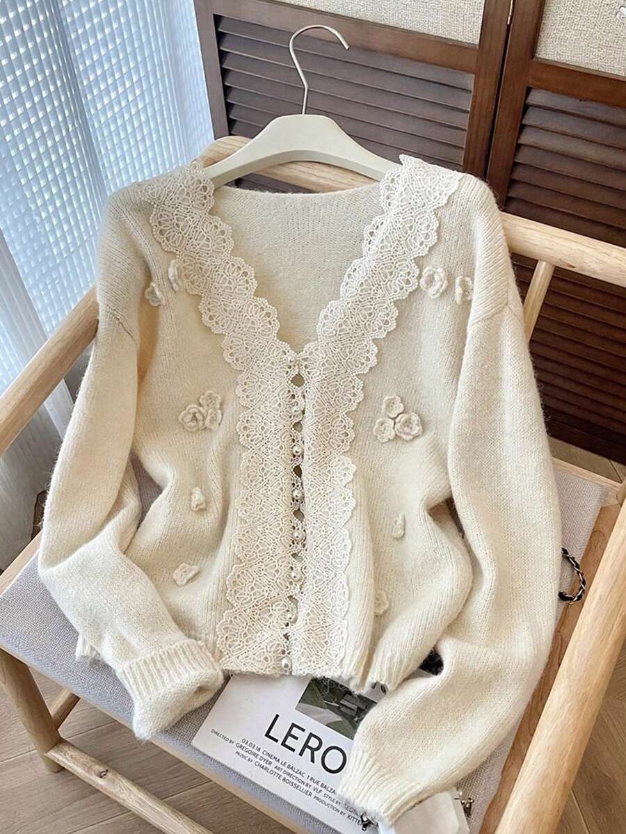 女式蕾丝拼布针织开衫，宽松设计毛衣外套，秋冬 - 杏色 - 查看 1