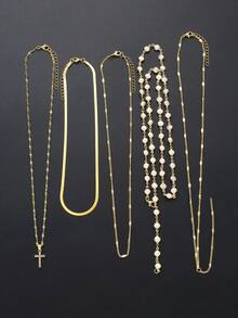 5 件时尚简约十字架吊坠，仿珍珠 Y 型项链套装，金色，女士多层项链，适合度假、约会、派对、生日、圣诞礼物，百搭日常佩戴