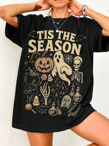 Women Loose T-Shirt, Casual, Minimalist, Sporty, Outdoor, Daily, Versatile, Halloween Elements, Cartoon, English Letter, Pumpkin, Ghost