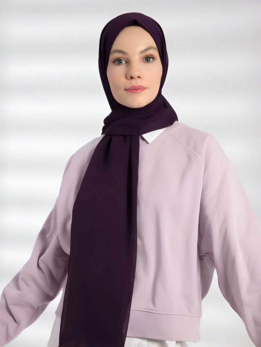 1 chiếc khăn trùm đầu nữ màu trơn bằng vải chiffon giả ngọc trai, kiểu dáng giản dị, kín đáo kiểu Ả Rập, phù hợp sử dụng hàng ngày cho phụ nữ Trung Đông, đi biển, du lịch, nghỉ lễ. - Màu tím - Xem 1