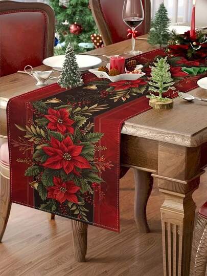 1pc Christmas Tablecloth Table Runner - Elegant Red Poinsettia Floral Pattern With Green Leaves & Berries, Sturdy Rectangular Holiday Table Cover For Dining, Kitchen, Party Decor - Easy-Clean & Spill-Proof - Perfect For Christmas, New Year's, Everyday Use, Seasonal Home Decoration, Festive Design, Durable Fabric, Decorative Tabletop, Festive Decorators(13x35.4/47.2/63/72/78.7 Inches),