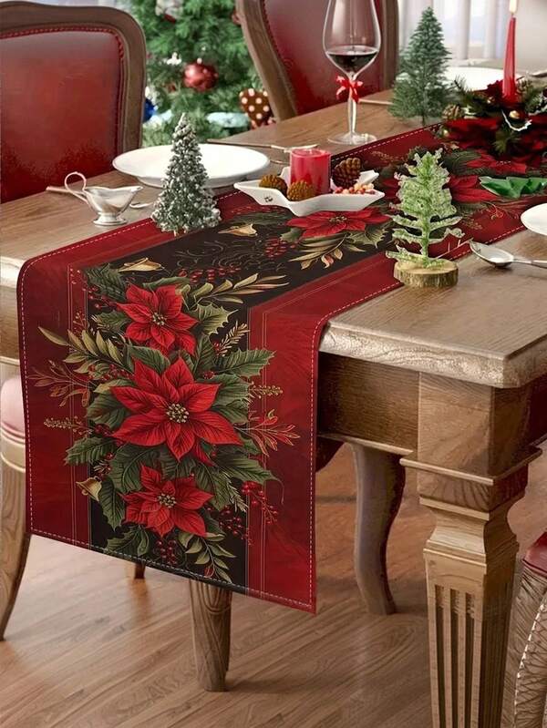 1pc Christmas Tablecloth Table Runner - Elegant Red Poinsettia Floral Pattern With Green Leaves & Berries, Sturdy Rectangular Holiday Table Cover For Dining, Kitchen, Party Decor - Easy-Clean & Spill-Proof - Perfect For Christmas, New Year's, Everyday Use, Seasonal Home Decoration, Festive Design, Durable Fabric, Decorative Tabletop, Festive Decorators(13x35.4/47.2/63/72/78.7 Inches),