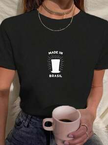 Women's Babylook T-Shirt T-Shirt Phrase Made In Brazil Beer 100% Cotton Various Colors - 黑色 - 查看 2