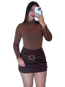 Shorts Set With Buckle And Long Sleeve Bodysuit With High Neck, Elegant And Casual, Nightclub Party - 鏽棕色 - 查看 1