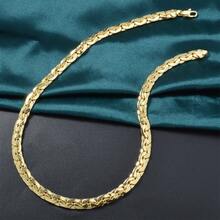 750 Italy 14k Copper Plated Gold Geometric Splicing 7mm Cuban Necklace Hip Hop Street Style Couple Fashion Jewelry Suitable For Men Women Daily Party Stage Music Festival Wear - 金黃色 - 查看 3