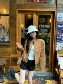 Minimalist American Style Deer Velvet Stand Collar Casual Jacket