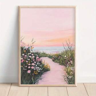 1 pieza Póster vintage de playa costera - Pintura de paisaje marino y flores silvestres rosas suaves en tonos pastel de rosa, melocotón y verde - Impresión artística en lienzo para sala de estar, dormitorio, oficina - Decoración sin marco para regalo de inauguración de la casa, boda, cumpleaños - Uso en interiores/exteriores - Decoración de hogar costero, vista del atardecer en el océano, artesanía artística, estética de dormitorio, diseño romántico, tinta de alta calidad