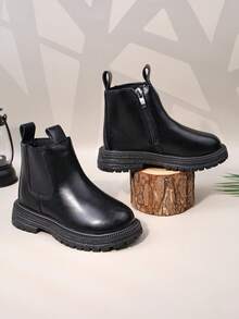 1 双黑色软皮+弹力面料幼儿/儿童切尔西靴，圆头，防滑鞋底，时尚可爱，适合男孩和女孩，休闲、学校、度假穿着，秋冬